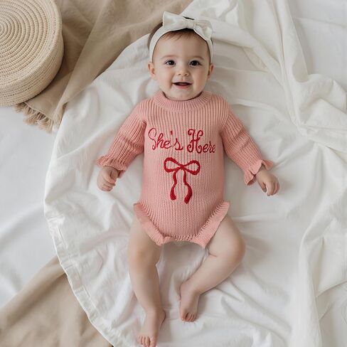 Baby Girl Sweater Romper She's Here Chunky Knit Jumper Ruffle Bodysuit Cute Newborn Fall Winter Clothes Announcement in Saudi Arabia