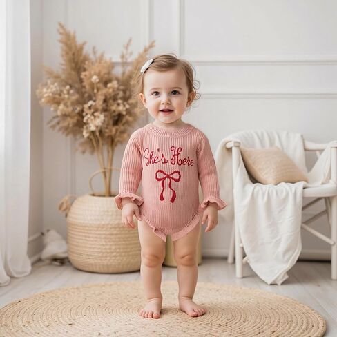Baby Girl Sweater Romper She's Here Chunky Knit Jumper Ruffle Bodysuit Cute Newborn Fall Winter Clothes Announcement in Saudi Arabia