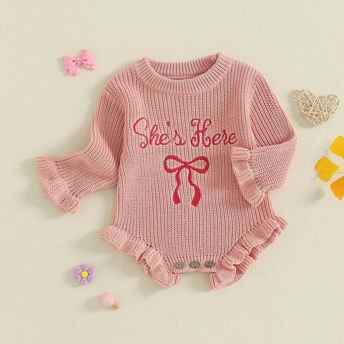 Baby Girl Sweater Romper She's Here Chunky Knit Jumper Ruffle Bodysuit Cute Newborn Fall Winter Clothes Announcement in Saudi Arabia
