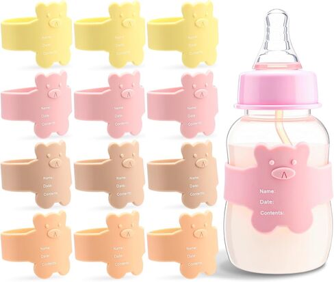 LemonRoad 12 Pcs Bottle Labels Daycare Reusable, Bear Pattern Waterproof Silicone Baby Bottle Labels Sippy Cup Bands Baby Name Tags Daycare (Vivid Color) in Saudi Arabia