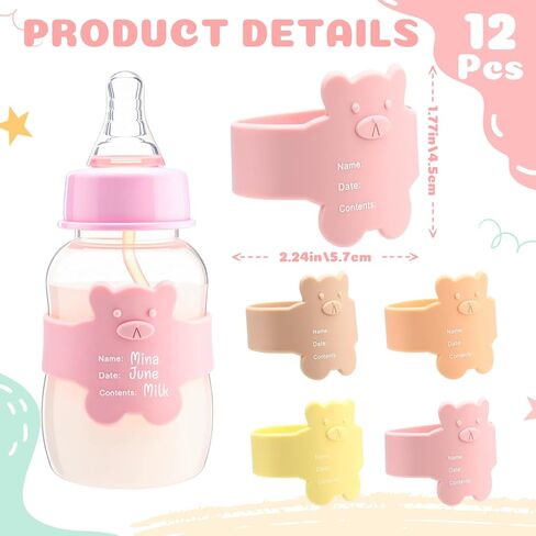 LemonRoad 12 Pcs Bottle Labels Daycare Reusable, Bear Pattern Waterproof Silicone Baby Bottle Labels Sippy Cup Bands Baby Name Tags Daycare (Vivid Color) in Saudi Arabia