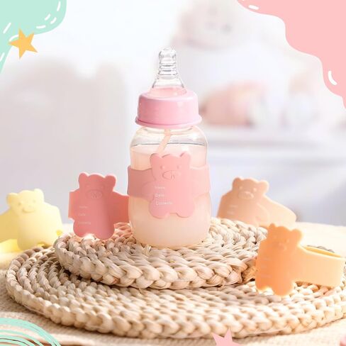 LemonRoad 12 Pcs Bottle Labels Daycare Reusable, Bear Pattern Waterproof Silicone Baby Bottle Labels Sippy Cup Bands Baby Name Tags Daycare (Vivid Color) in Saudi Arabia