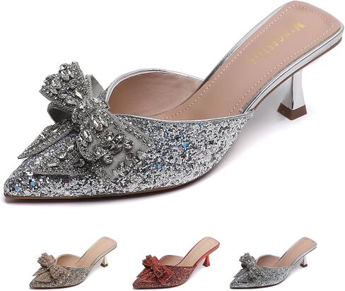 Women's Rhinestone Bow Glitter Kitten Heel Mules Closed Pointed Toe Fashion Backless Slip On Sparkly Stiletto Heeled Sandals for Wedding Bridal Party Dress in Saudi Arabia