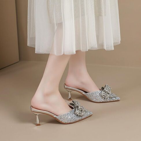 Women's Rhinestone Bow Glitter Kitten Heel Mules Closed Pointed Toe Fashion Backless Slip On Sparkly Stiletto Heeled Sandals for Wedding Bridal Party Dress in Saudi Arabia