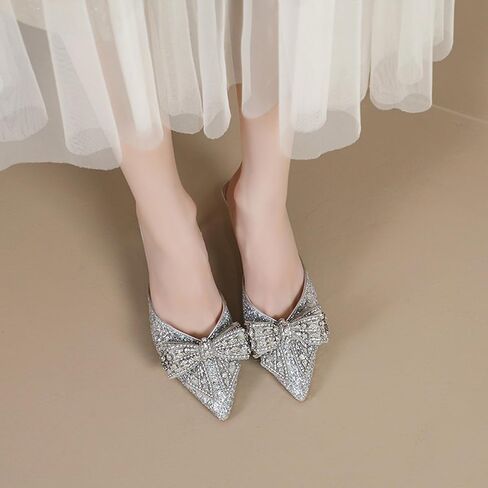 Women's Rhinestone Bow Glitter Kitten Heel Mules Closed Pointed Toe Fashion Backless Slip On Sparkly Stiletto Heeled Sandals for Wedding Bridal Party Dress in Saudi Arabia