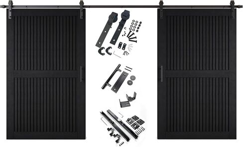 Homacer Black 26 in. x 80 in. Vertical Stripe Design Two Barn Door with Non-Bypass Installation Hardware Kit, 9ft Track, Interior use only in Saudi Arabia