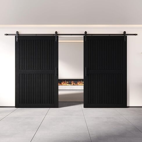 Homacer Black 26 in. x 80 in. Vertical Stripe Design Two Barn Door with Non-Bypass Installation Hardware Kit, 9ft Track, Interior use only in Saudi Arabia