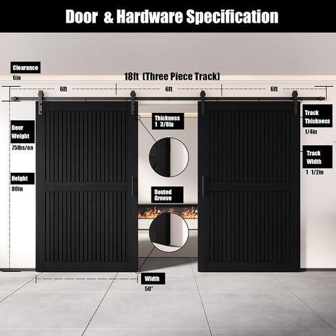 Homacer Black 26 in. x 80 in. Vertical Stripe Design Two Barn Door with Non-Bypass Installation Hardware Kit, 9ft Track, Interior use only in Saudi Arabia