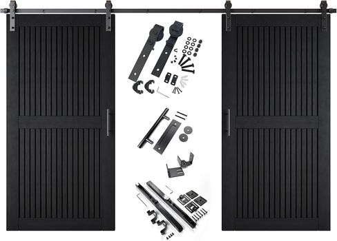 Homacer Black 26 in. x 80 in. Vertical Stripe Design Two Barn Door with Non-Bypass Installation Hardware Kit, 9ft Track, Interior use only in Saudi Arabia