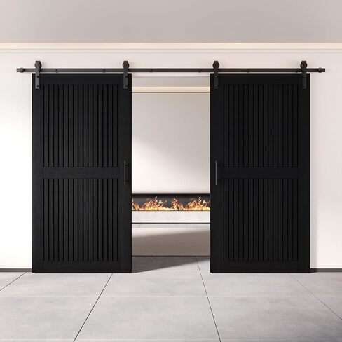 Homacer Black 26 in. x 80 in. Vertical Stripe Design Two Barn Door with Non-Bypass Installation Hardware Kit, 9ft Track, Interior use only in Saudi Arabia