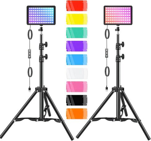 طقم إضاءة فيديو LED قطعتين، Kisportee محمول قابل للتعتيم 5600K USB LED ضوء تصوير مستمر مع حوامل ثلاثية و18 مرشح لون لاستوديوهات الصور، يوتيوب، تيك توك، تدفق الألعاب in Kuwait