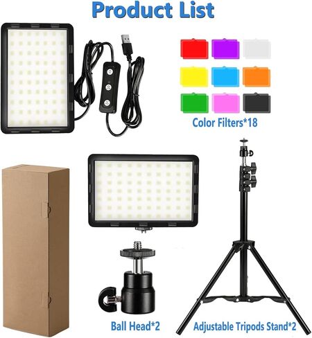 طقم إضاءة فيديو LED قطعتين، Kisportee محمول قابل للتعتيم 5600K USB LED ضوء تصوير مستمر مع حوامل ثلاثية و18 مرشح لون لاستوديوهات الصور، يوتيوب، تيك توك، تدفق الألعاب in Kuwait