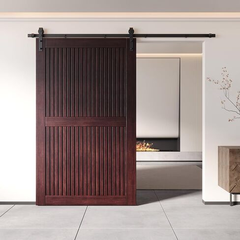 Homacer 48 in. x 80 in. Vertical Stripe Design Red Mahogany Finished & Unassembled Pine Wood Barn Door (Interior Use Only) in Saudi Arabia