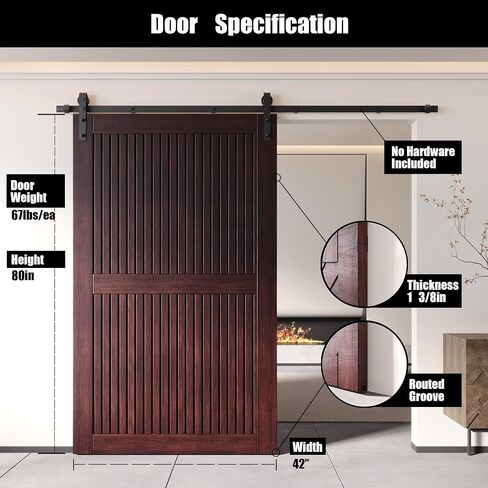 Homacer 48 in. x 80 in. Vertical Stripe Design Red Mahogany Finished & Unassembled Pine Wood Barn Door (Interior Use Only) in Saudi Arabia