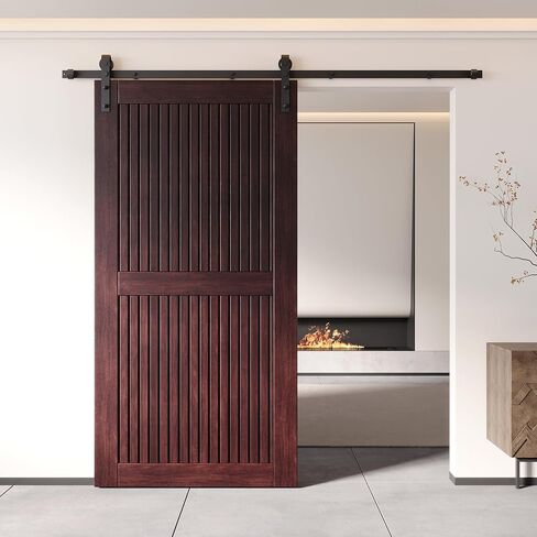 Homacer 48 in. x 80 in. Vertical Stripe Design Red Mahogany Finished & Unassembled Pine Wood Barn Door (Interior Use Only) in Saudi Arabia