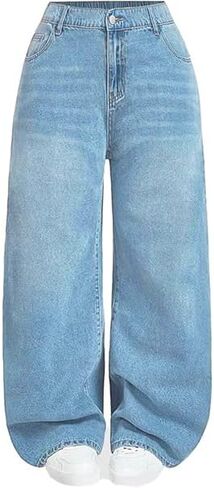 High Waist Wide Leg Jeans, Light Blue Denim, Elastic Waistband, Baggy Fit in Saudi Arabia