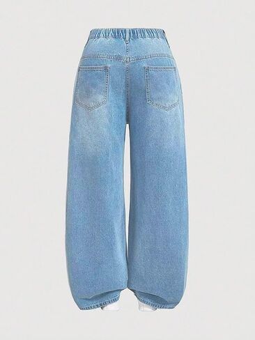 High Waist Wide Leg Jeans, Light Blue Denim, Elastic Waistband, Baggy Fit in Saudi Arabia