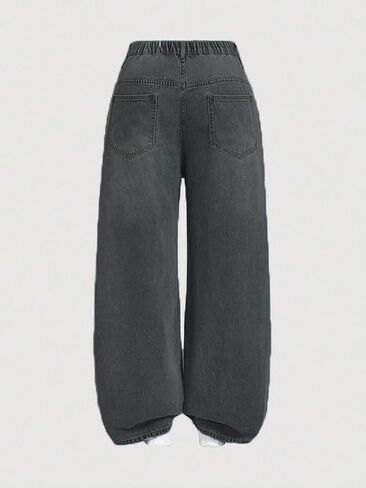 High Waist Wide Leg Jeans, Light Blue Denim, Elastic Waistband, Baggy Fit in Saudi Arabia