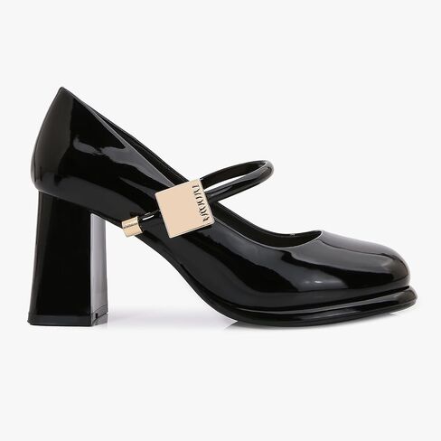 Women’s Patent Leather Block Heel Pumps, Chic Mary Jane Heels with Cushioned Insole & Gold Accent for Elegance and All-Day Comfort in Saudi Arabia