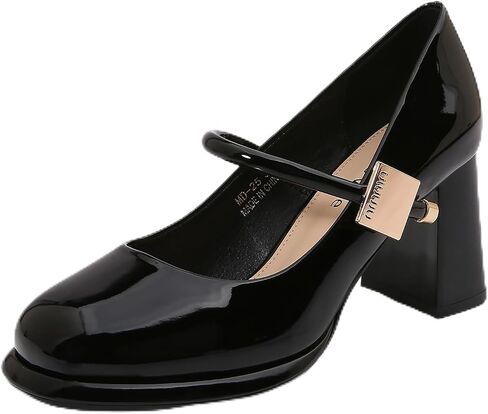Women’s Patent Leather Block Heel Pumps, Chic Mary Jane Heels with Cushioned Insole & Gold Accent for Elegance and All-Day Comfort in Saudi Arabia