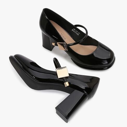 Women’s Patent Leather Block Heel Pumps, Chic Mary Jane Heels with Cushioned Insole & Gold Accent for Elegance and All-Day Comfort in Saudi Arabia