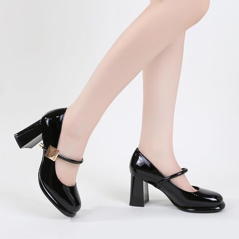Women’s Patent Leather Block Heel Pumps, Chic Mary Jane Heels with Cushioned Insole & Gold Accent for Elegance and All-Day Comfort in Saudi Arabia