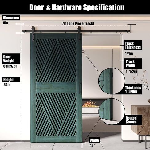 Homacer Royal Pine 50 in. x 84 in. Diamond Design Barn Door with Non-Bypass Installation Hardware Kit, 9ft Track, Interior use only in Saudi Arabia