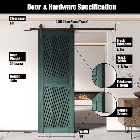 Homacer Royal Pine 50 in. x 84 in. Diamond Design Barn Door with Non-Bypass Installation Hardware Kit, 9ft Track, Interior use only in Saudi Arabia