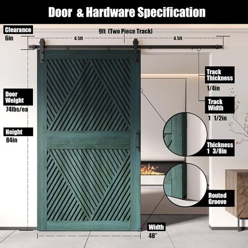 Homacer Royal Pine 50 in. x 84 in. Diamond Design Barn Door with Non-Bypass Installation Hardware Kit, 9ft Track, Interior use only in Saudi Arabia