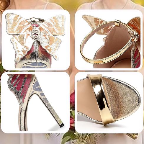 Women's Gold Sparkly Stiletto Heels - Butterfly Back Open Toe Ankle Strap Dress Sandals, Sexy High Heel Pumps for Party Wedding Evening Prom in Kuwait