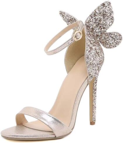 Women's Gold Sparkly Stiletto Heels - Butterfly Back Open Toe Ankle Strap Dress Sandals, Sexy High Heel Pumps for Party Wedding Evening Prom in Saudi Arabia