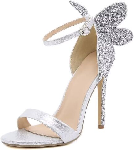 Women's Gold Sparkly Stiletto Heels - Butterfly Back Open Toe Ankle Strap Dress Sandals, Sexy High Heel Pumps for Party Wedding Evening Prom in Kuwait