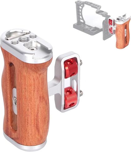 Left Right Universal Camera Cage Wooden Side Handle, Ergonomic Side Hand Grip for Rabbit Cage, with Cold Shoe Mount and 1/4" / 3/8" Screw Hole, Built-in Magnetic Wrench Accessories (Silvery) in Saudi Arabia