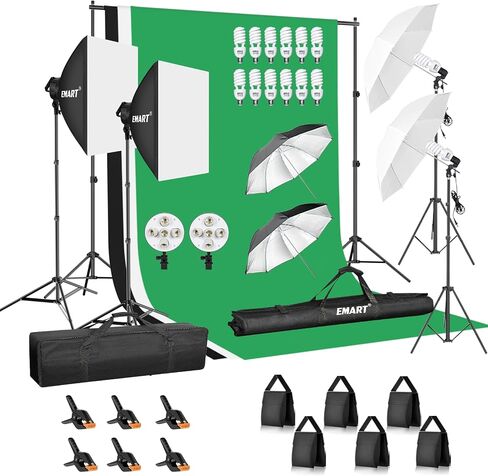 EMART 7 x 10ft Backdrop Support System with Sand Bag, Photography Lighting Kit with 45W CFL Bulb*12, 6 * 9ft Backdrop *3, Umbrellas&Softbox Lighting Kit for Studio Recording, Portrait&Video Shooting in Saudi Arabia