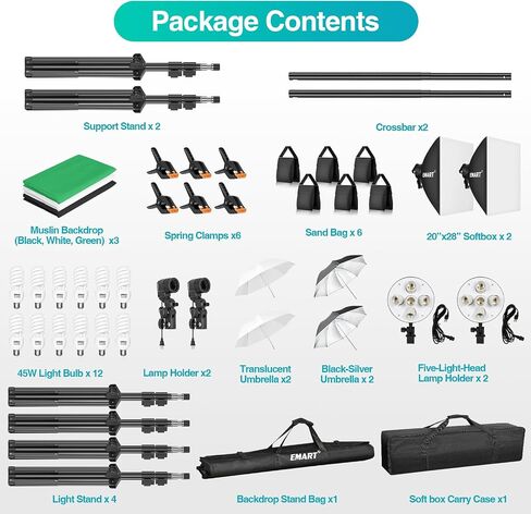 EMART 7 x 10ft Backdrop Support System with Sand Bag, Photography Lighting Kit with 45W CFL Bulb*12, 6 * 9ft Backdrop *3, Umbrellas&Softbox Lighting Kit for Studio Recording, Portrait&Video Shooting in Saudi Arabia