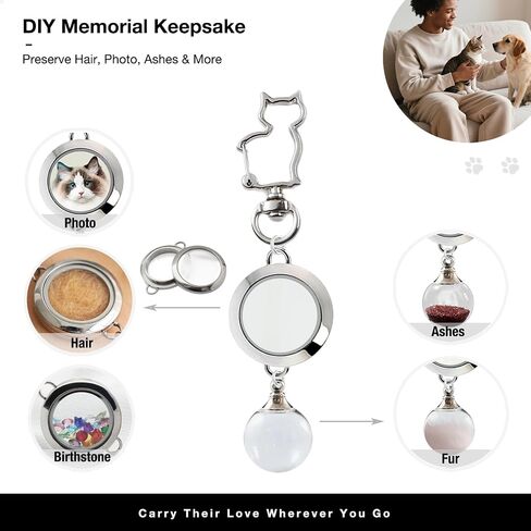 Cat Memorial Keychain – 2-in-1 Pet Fur & Photo Keepsake with Glass Locket & Globe, Personalized Pet Loss Remembrance for Dog & Cat in Saudi Arabia