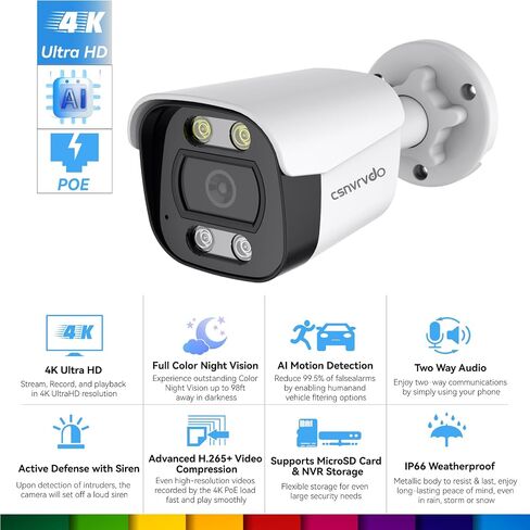 4K/8MP Outdoor Security Bullet POE IP Camera, Human/Vehicle Detection, 98ft Color Night Vision, IP67 Weatherproof, MicroSD Recording (256GB), 2 Way Talk in Saudi Arabia