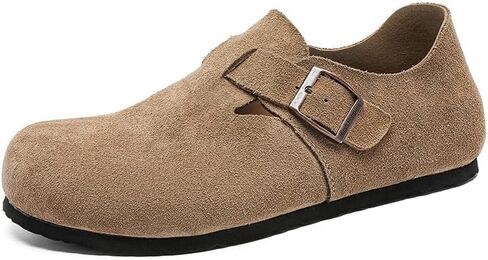 Suede Buckle Slip-On Clogs, Casual Comfort Shoes with Adjustable Strap, Available in Taupe and Brown in Saudi Arabia