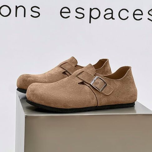 Suede Buckle Slip-On Clogs, Casual Comfort Shoes with Adjustable Strap, Available in Taupe and Brown in Saudi Arabia
