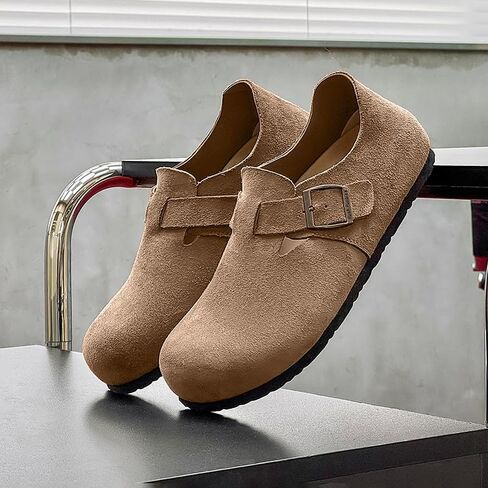 Suede Buckle Slip-On Clogs, Casual Comfort Shoes with Adjustable Strap, Available in Taupe and Brown in Saudi Arabia