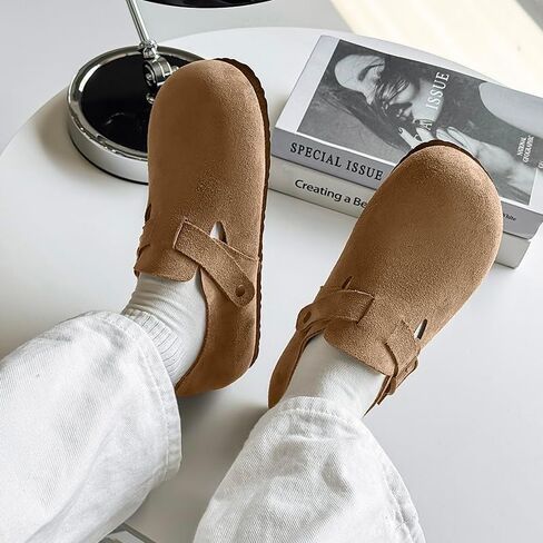 Suede Buckle Slip-On Clogs, Casual Comfort Shoes with Adjustable Strap, Available in Taupe and Brown in Saudi Arabia