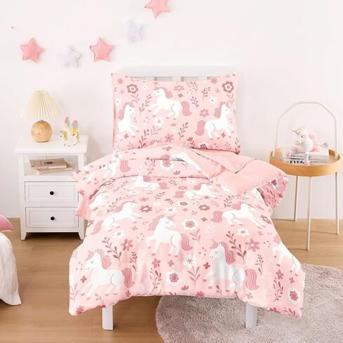 Wake In Cloud - Toddler Bedding Set for Girls, Cute Unicorn Floral Botanical, 4 Pieces Soft Crib Bed Set Including Comforter, Sheets and Pillowcase, Light Cream in Saudi Arabia