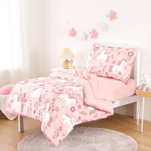 Wake In Cloud - Toddler Bedding Set for Girls, Cute Unicorn Floral Botanical, 4 Pieces Soft Crib Bed Set Including Comforter, Sheets and Pillowcase, Light Cream in Saudi Arabia