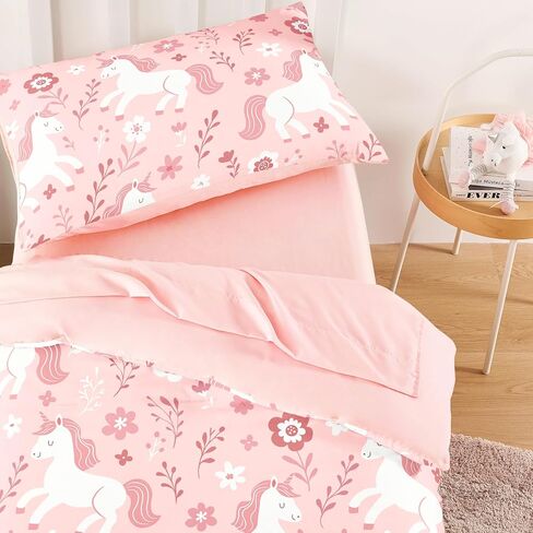 Wake In Cloud - Toddler Bedding Set for Girls, Cute Unicorn Floral Botanical, 4 Pieces Soft Crib Bed Set Including Comforter, Sheets and Pillowcase, Light Cream in Saudi Arabia
