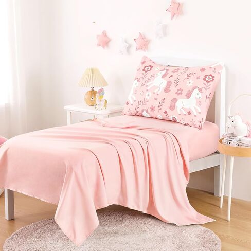 Wake In Cloud - Toddler Bedding Set for Girls, Cute Unicorn Floral Botanical, 4 Pieces Soft Crib Bed Set Including Comforter, Sheets and Pillowcase, Light Cream in Saudi Arabia