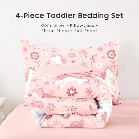 Wake In Cloud - Toddler Bedding Set for Girls, Cute Unicorn Floral Botanical, 4 Pieces Soft Crib Bed Set Including Comforter, Sheets and Pillowcase, Light Cream in Saudi Arabia