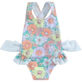 Toddler Kids Girl One Piece Swimsuit Floral Sleeveless Backless Swimwear Bowknot Ruffled Bathing Suit Beachwear