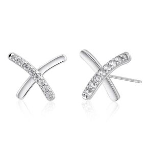 X Shape 925 Sterling Silver Earrings Sutd CZ Simulated Diamond Stud Earrings Hypoallergenic Minimalist Earrings Silver Stud Earrings for Women Trendy in Kuwait