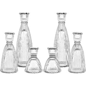 Denique Colored Vertical Stripe Candlestick Holders, Glass Candle Holder Set of 6, Candlestick Holders for Taper Candles, Tealight Candle Holders for Table Centerpieces Home Decor (Clear)