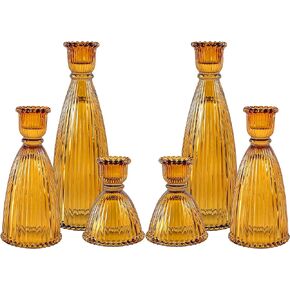Denique Colored Vertical Stripe Candlestick Holders, Glass Candle Holder Set of 6, Candlestick Holders for Taper Candles, Tealight Candle Holders for Table Centerpieces Home Decor (Clear)